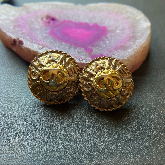 Vintage Gold CC Quilted and Lettered Clip-On Earrings - Picture 1 of 11